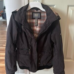 BKE Outerwear jacket size small with zip on plaid hood, multiple pockets
